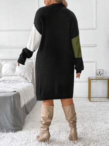 SHEIN Clasi Plus Size Women's Elegant Color Block Spliced Round Neck Long Sleeve Drop Shoulder Autumn Winter Warm Sweater Dressbusiness Casual Woman,Work Wear,Fall Wedding Guest Dress,