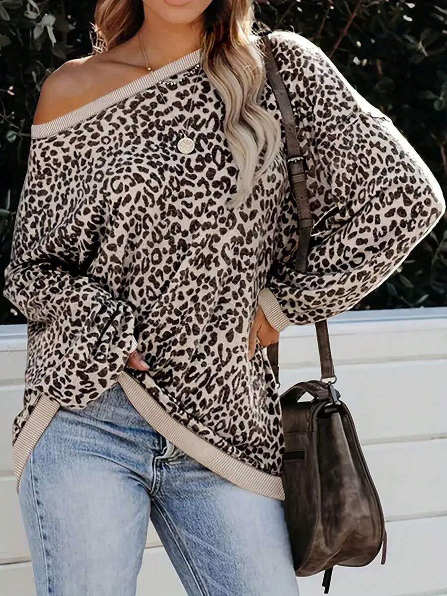 INAWLY Casual Leopard Print Open Shoulder Long Sleeve Sweatshirt, Stylish And Fashionable For Daily Wear - Multicolor - View 1