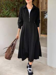 DAZY Damen einfarbiges Reißverschluss-Halbplakette Langarm-Kleid, Frühling/Herbst - Schwarz - Übersicht 6