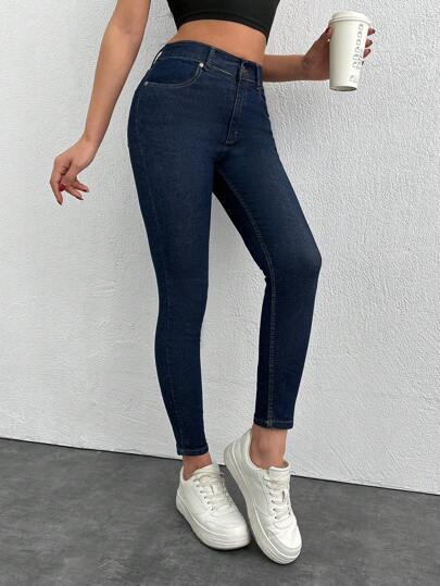 EURMUSE 97% Cotton Women Fashion Simple Design Summer Solid Skinny Jeans