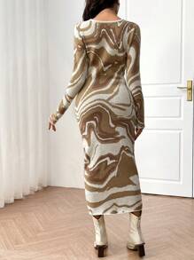 Modelyn Women Marble Pattern Round Neck Long Sleeve Bodycon Sweater Dress, For Autumn/Winter