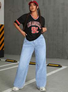 SHEIN ICON Plus Size Casual Washed Wide-Leg Jeans - Light Wash - View 6