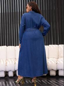SHEIN SXY Plus Size Front Button Long Sleeve Simple Casual Long Dress