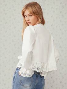 Easelle 女士翻领水溶性刺绣蝴蝶结前开襟灯笼袖荷叶边宽松白色衬衫 - 白色 - 查看 2