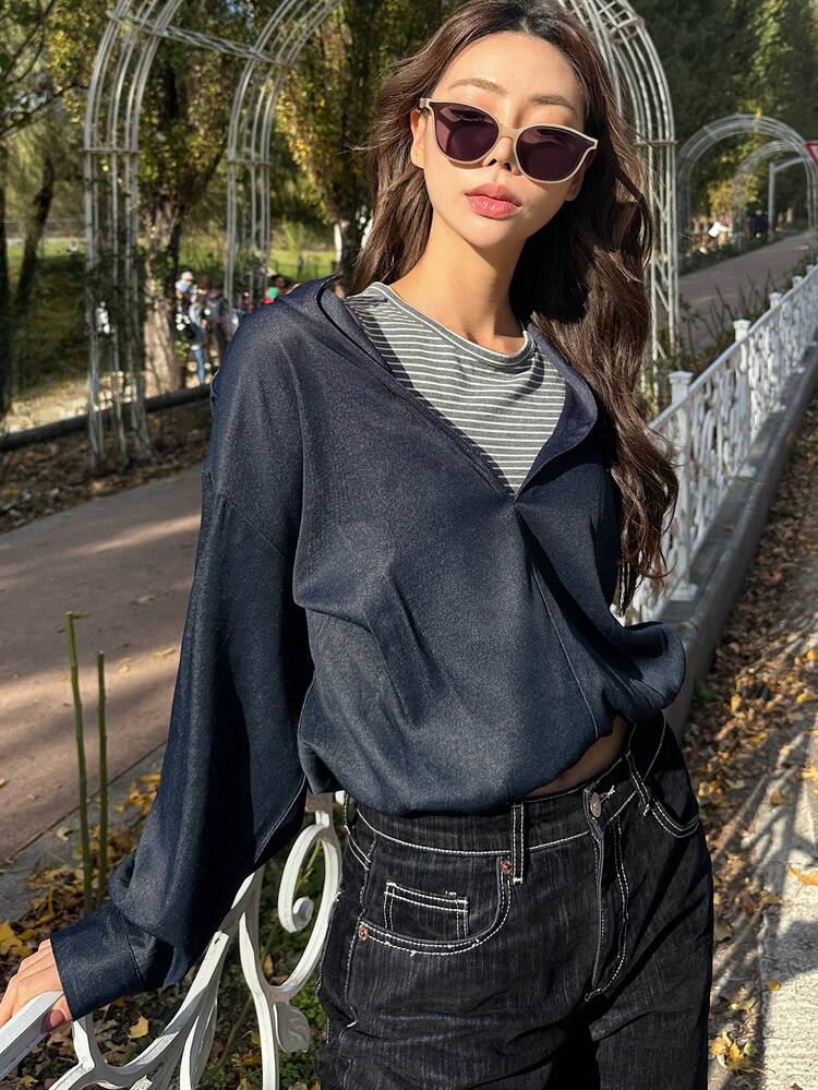 Patchwork 2 In 1 Loose Long Sleeve Women Blouse,Fall Clothes