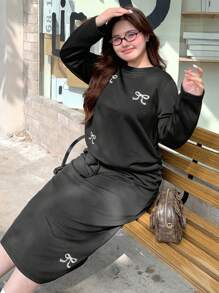 Dazy Petite Plus 2pcs/Set Bow Embroidery Round Neck Top And Skirt Casual Set, Black, Spring/Autumn,Fall Women Clothes