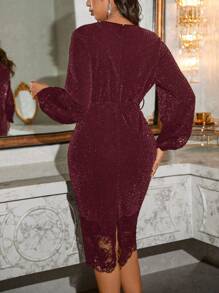 SHEIN Clasi Damen einfarbiges Kleid mit Laternärmeln, V-Ausschnitt und Pailletten, mittellang, Abendkleid in Burgunderrot, Maxikleid Outfit für Damen