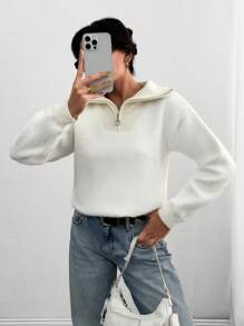 EURMUSE Women Solid Color Hairy Yarn Zipper Neck Pullover - Beige - View 1