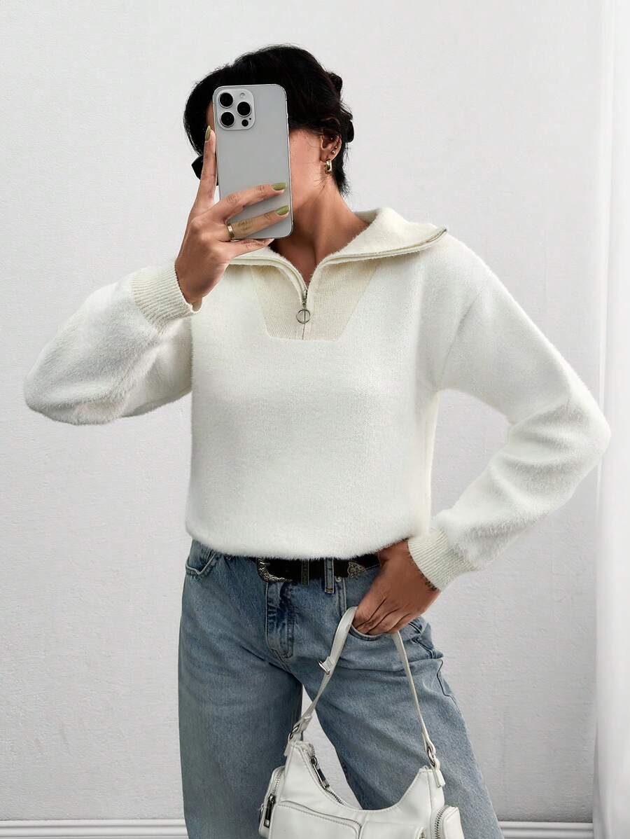 EURMUSE Women Solid Color Hairy Yarn Zipper Neck Pullover - Beige - View 1