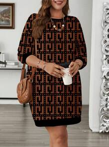 SHEIN Clasi Plus Size Women Casual Geometric Pattern Crew Neck Long Sweatshirt, Autumn/Winter - Chocolate Brown - View 3