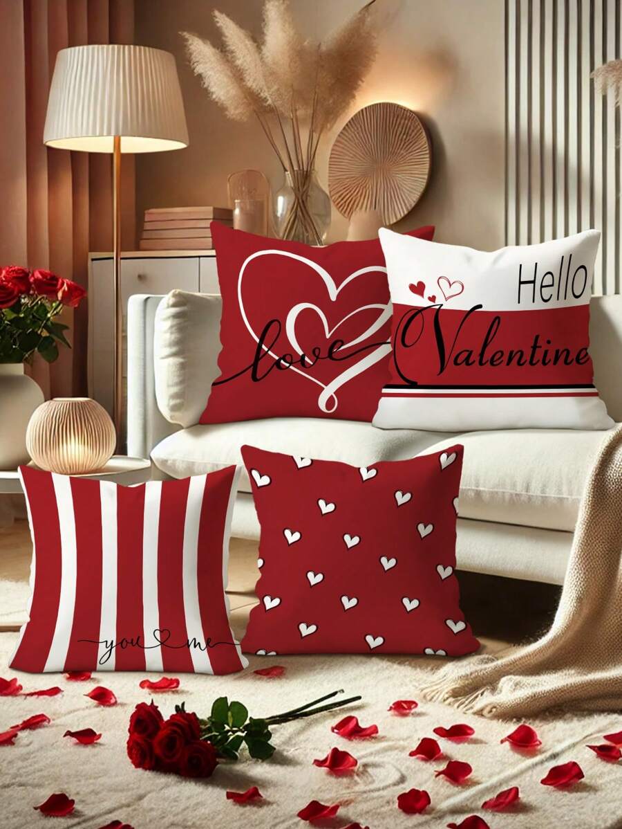 4 piezas Fundas de almohada decorativas impresas por un solo lado en rojo y blanco de terciopelo con diseño de corazón para el Día de San Valentín, suaves y acogedoras para decorar la sala de estar, dormitorio, sofá y cama, sin incluir los insertos de almohada - Rojo - Ver 1