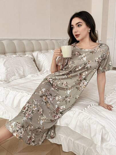 Round Neck Short Sleeve Bloemen Allover Print Nightgown Babydoll Perfect Moo view 5