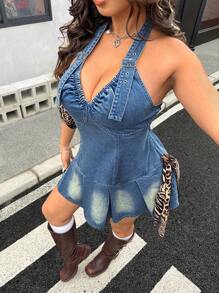 SHEIN ICON 大码女式露背简约褶皱休闲性感连衣裙