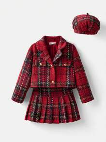 Maija Kids Maija Kids 3 pièces Ensemble jeune fille veste en tweed épaisse, jupe plissée et chapeau, décontracté - Rouge - Voir 2