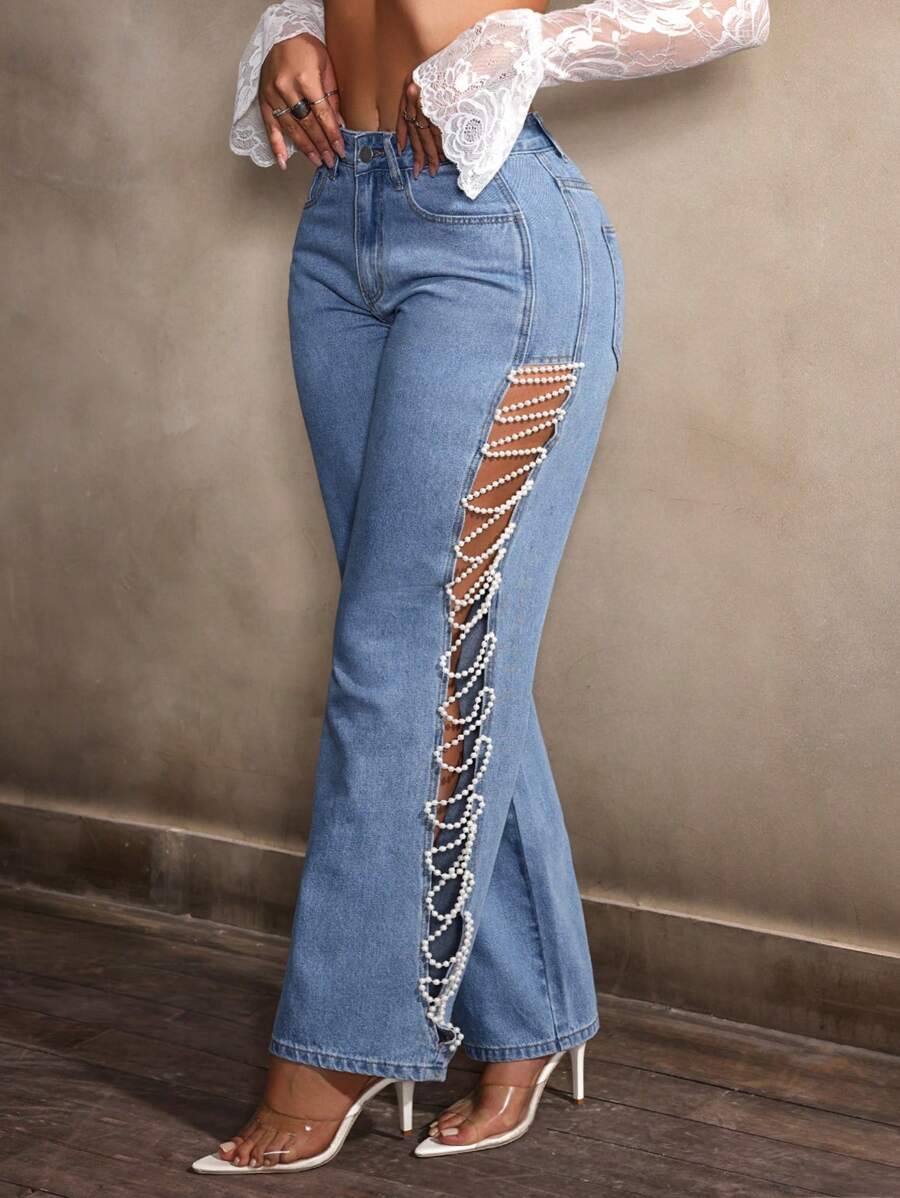 SHEIN SXY Quần Jeans Denim Rỗng Đính Hạt Trang Trí Thanh Lịch Thời Trang Cho Nữ - Màu xanh lam - Xem 1