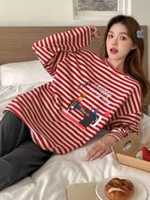 DAZY Graphic Print & Striped Long Sleeve Blouse With Solid Straight Leg Pajama Pants Set