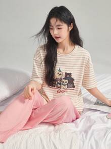 DAZY Ensemble Top rayé imprimé animal mignon et pantalon de pyjama droit et ample