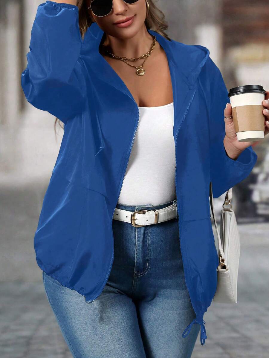 SHEIN LUNE 大码拉链夹克，纯色，简约，时尚，休闲，适合日常穿着 - 寶藍色 - 查看 1