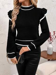SHEIN Clasi Women's Black & White Striped Elegant Waffle Knit Patchwork Ruffle Collar Long Sleeve Sweater