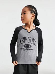 SHEIN Tween Girls Outono/Inverno Uso Diário Básico Volta às Aulas Preppy Cruz Elástico Decote Recortado Top Preto e Cinza com Mangas