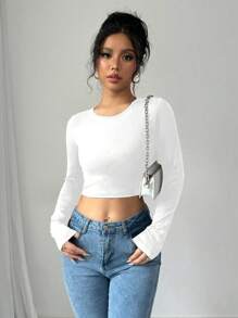 Chiquease تي شيرت قصير فضفاض ذو رقبة دائرية وأكمام طويلة ومفتوح الظهر للنساء في فصل الخريف - أبيض - مشاهدة 4