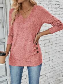 SHEIN LUNE Áo cánh nữ cổ chữ V dài tay cài nút thường ngày, thiết kế đơn giản để mặc hàng ngày - Màu Hồng  San hô - Xem 3