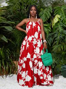 Slaydiva Beach Summer Vacation Thin Suspender A-Hem Maxi Skirt Green Plant All-Over Printed Women's Dress