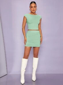 SHEIN BAE 2pcs Women Solid Color Sleeveless Cropped Top And Bodycon Mini Skirt Set - Mint Green - View 7