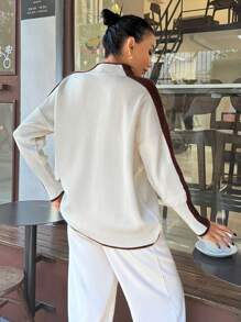 EURMUSE Women Hairy Stripe Button Detailed High Neck Drop Shoulder Pullover - Brown - View 3