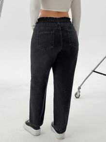 RueChic Plus High Waist Elastic Belt Mom Jean - Black - View 2