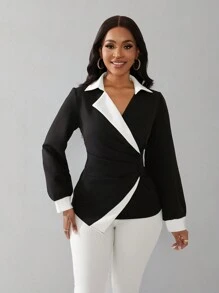 SHEIN Unity Elegant Color Block Asymmetric Wrap Shirt, Autumn - Black and White - View 5
