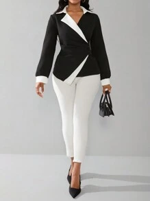 SHEIN Unity Elegant Color Block Asymmetric Wrap Shirt, Autumn - Black and White - View 6
