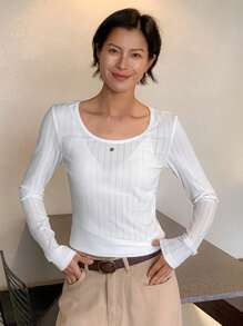 DAZY Women Crew Neck Fitted Seamless Base Layer T-Shirt Long Sleeve Women Tops - White - View 4