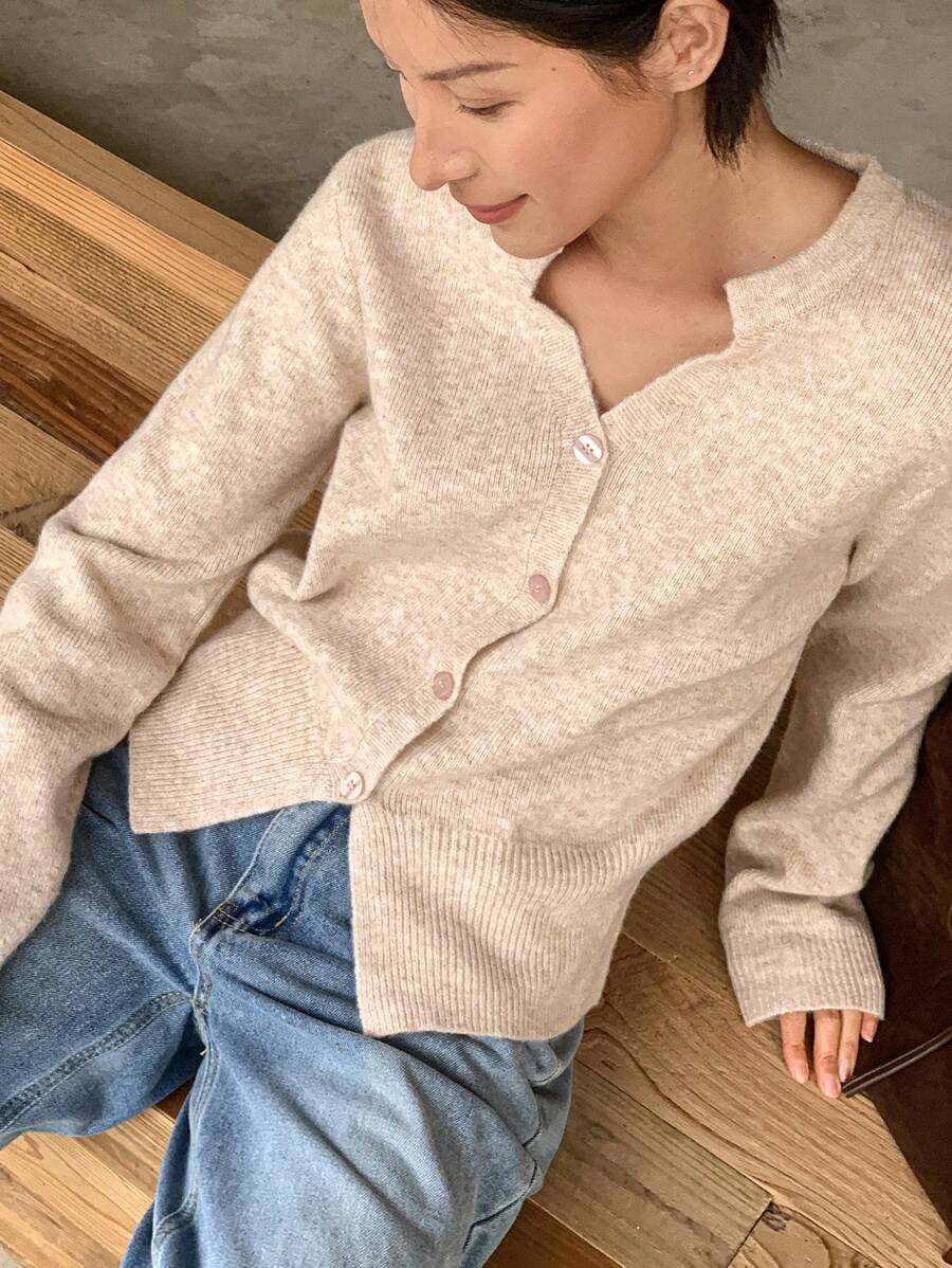 DAZY Women V-Neck Long Sleeve Single Breasted Loose Knit Cardigan - Apricot - View 1