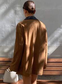 DAZY Color Block Loose Long Sleeve Collar Pocket Faux Suede Women's Regular Jacket