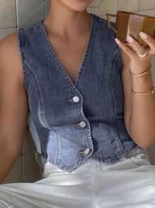 DAZY Distressed Washed Sleeveless V-Neck Fitted Women Denim Jacket,Fall Clothes - Blue - View 9