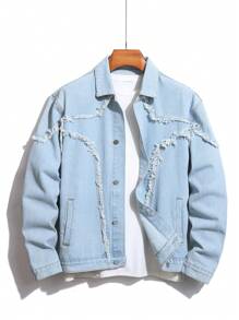 Manfinity Homme Men's Front Button Long Sleeve Pocket Raw Edge Trim Casual Denim Jacket - Light Wash - View 1