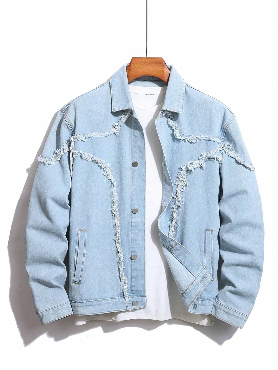 Manfinity Homme Men's Front Button Long Sleeve Pocket Raw Edge Trim Casual Denim Jacket - Light Wash - View 1