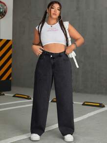 SHEIN ICON Plus Size Women's Fashionable Simple Solid Color Straight-Leg Jeans - Black - View 6