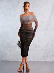 SHEIN SXY 新年婚礼季派对优雅休闲性感夜店情人节约会必备棕黑渐变扎染印花一字肩长袖高弹力褶皱网眼长款修身连衣裙 - 彩色 - 查看 5