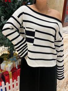 INAWLY Suéter holgado de punto suelto con hombros descubiertos y rayas, talla grande, para otoño e invierno - Blanco y Negro - Ver 4