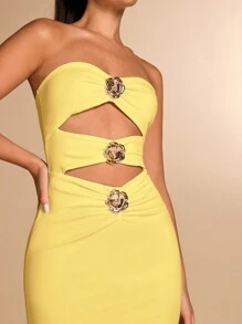 SHEIN BAE Women's Autumn Metallic Floral Decor Form-Fitting Sexy Hollow Out Sleeveless Tube Top Long Pants Jumpsuit