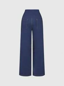 SHEIN MOD Pantalones rectos de cintura alta con efecto de mezclilla vintage, pantalones de salida, pantalones vintage, pantalones de invierno - Azul Marino - Ver 2