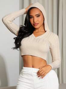 SHEIN SXY Casual Ribbed High Elasticity Hooded Sweater For Women, Heather Gray, Fall/Winter - Grey - View 1