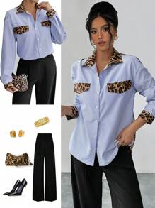 Chiquease Camisa casual con bloques de color de estampado de leopardo y rayas de otoño