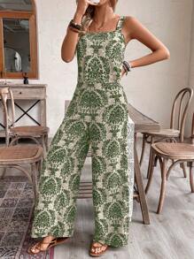 EMERY ROSE 2pcs/Set Women's Vacation Outfit: Crop Top With Spaghetti Strap + Palazzo Pants, Print - Green - View 3