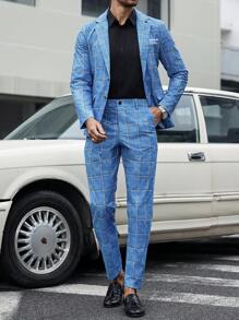 Manfinity Mode Men Plaid Lapel Neck Long Sleeve Jacket And Pants Business Suit Set For Autumn - Grey - View 1