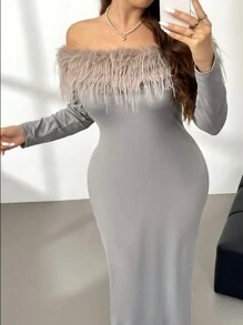 SHEIN Privé 大码优雅浪漫灰色露肩长袖紧身针织连衣裙，适合舞会、聚会、约会、生日、正式场合 - 灰色 - 查看 2