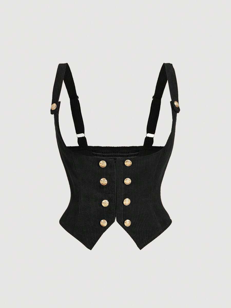 SHEIN MOD Plus Size Women Vintage Corduroy Camisole Double-Breasted Leisure Brassiere - Black - View 1