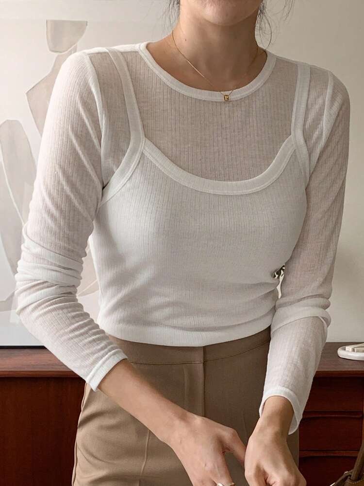 2pcs Paper Person Tight-Fitting U-Neck Camisole & Knit Top Set For Women Sheer